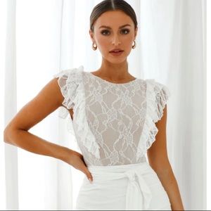 Selfie Leslie White Frill Trim Lace Bodysuit
